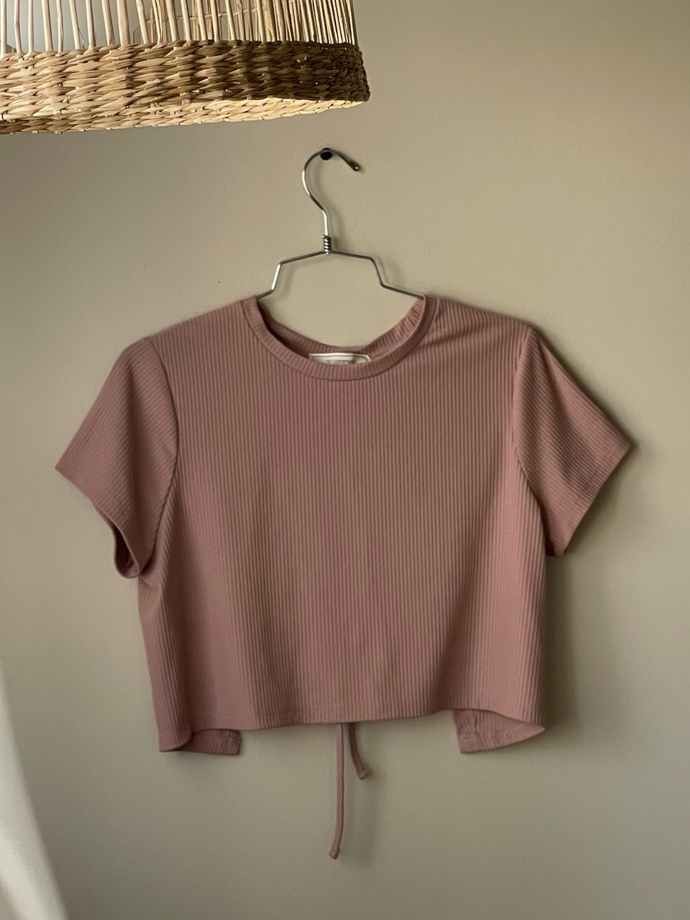 Ribbed Crewneck Drawstring Crop Top in Dusty Rose XL